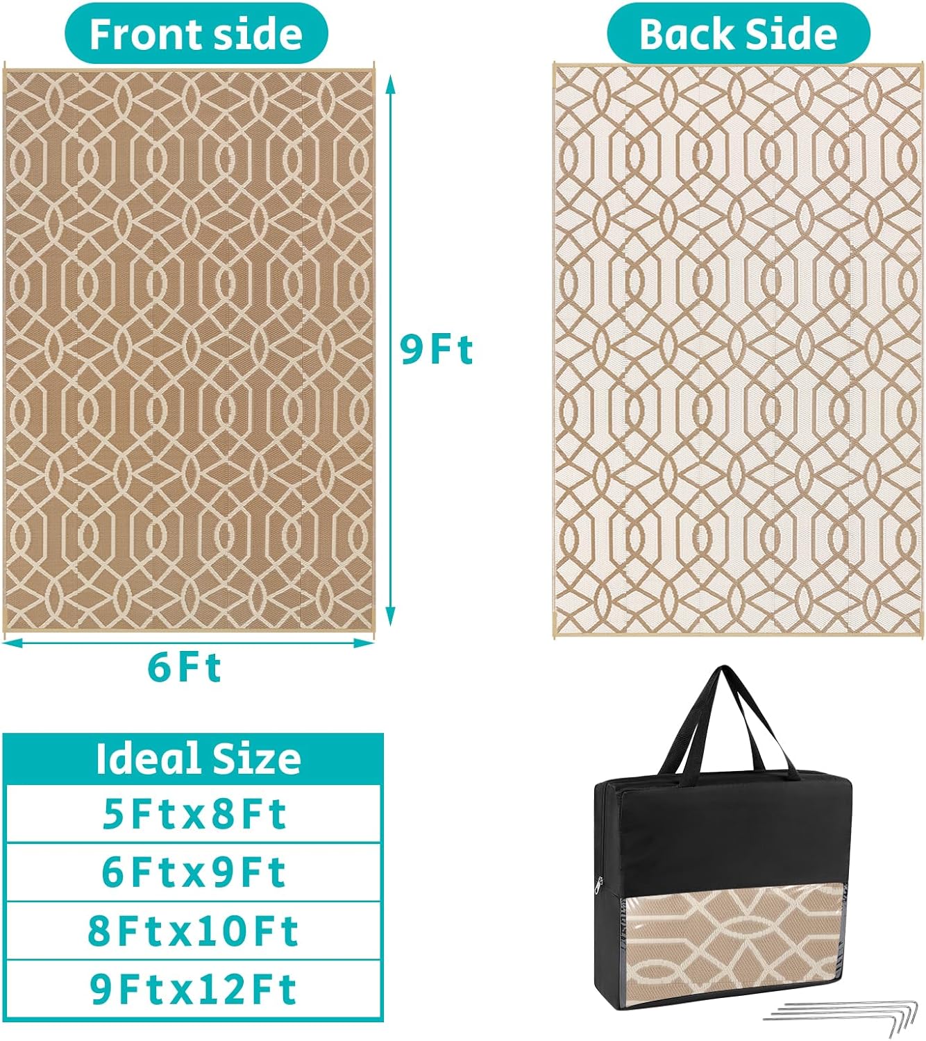 HEBE Outdoor Rug Waterproof 6x9, Reversible Plastic Straw Rug RV Camping Rug, Indoor Outdoor Patio Mat Clearance, Outside Carpet for Porch,Deck,Camper,Balcony,Backyard,Picnic