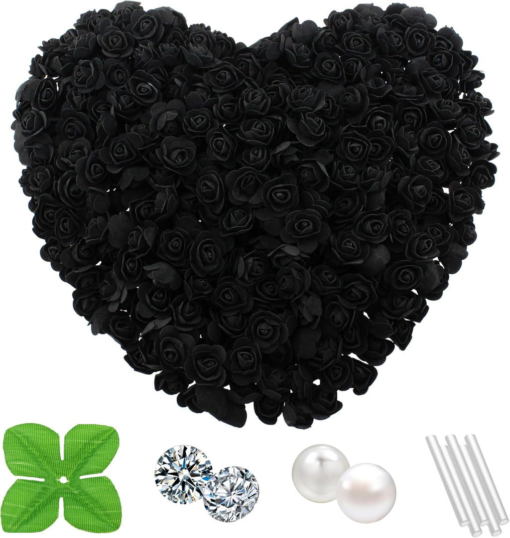 500 Pcs 1.4 Inch Mini Artificial Flowers Head Bulk 5 in 1 Set Faux Foam Fake Small Rose Tiny Baby Flores Bouquet Cake Gift Home Decoration DIY Craft (Black)