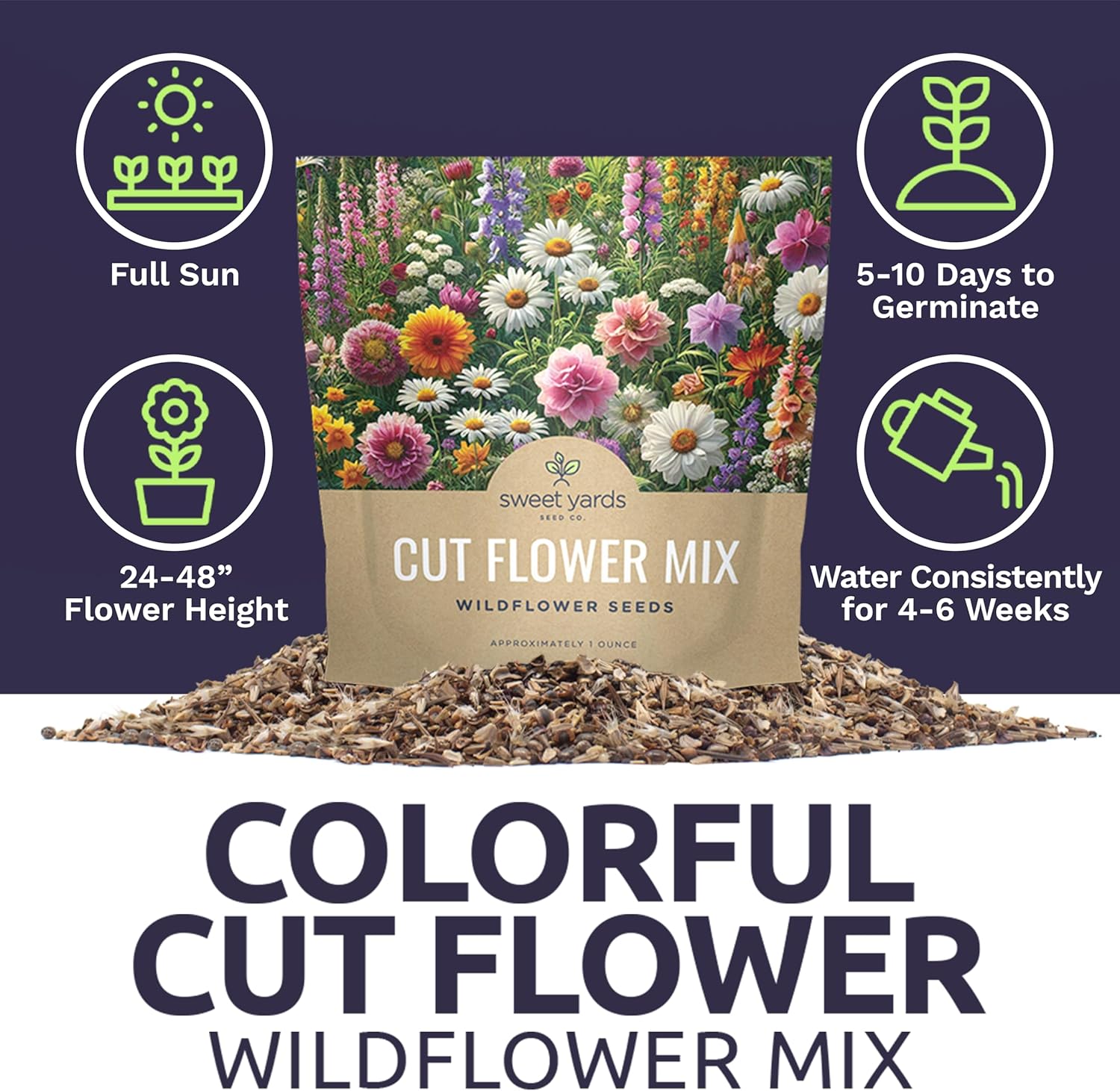 Cut Flower Garden Seeds - Extra Large 1 Ounce Packet - Over 7,500 Fresh Open Pollinated Non-GMO Wildflower Seeds - Long Lasting Annuals and Perennials with Bright Colors