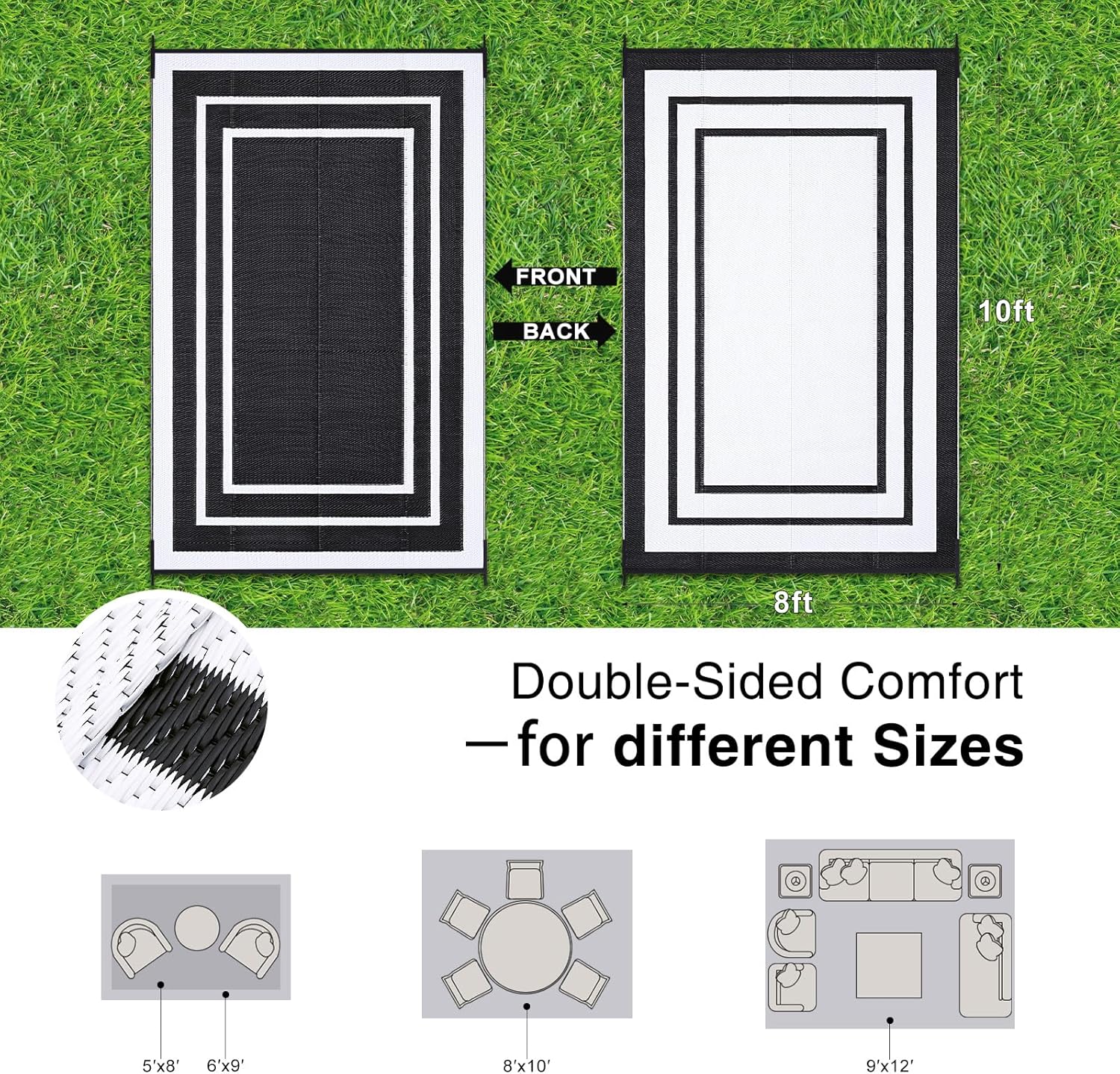 OLANLY Outdoor Rug 8x10 ft Waterproof, Reversible Outdoor Plastic Straw Rug, RV Mat, Indoor Outdoor Carpet Clearance for Patio, Camping, Balcony, Deck, Backyard, Black & White