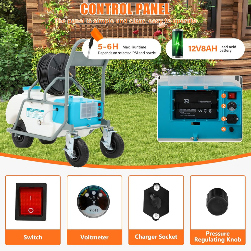 16 Gallon Battery Powered Sprayer with Wheeled Cart,0-90PSI,5-6h Spray Time,164FT Hose with Reel,Adjustable HD Wand and 10 Nozzles, Rotating Wheels with Brake for Lawn & Garden Spraying,Cleaning