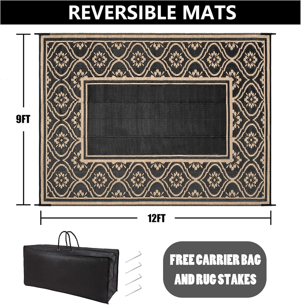 Outdoor Rug 9x12 Patio Waterproof Mat Camping Carpet Outside Area Rug Reversible Brown Rugs for RV Deck Entryance Porch Picnic Balcony Beach