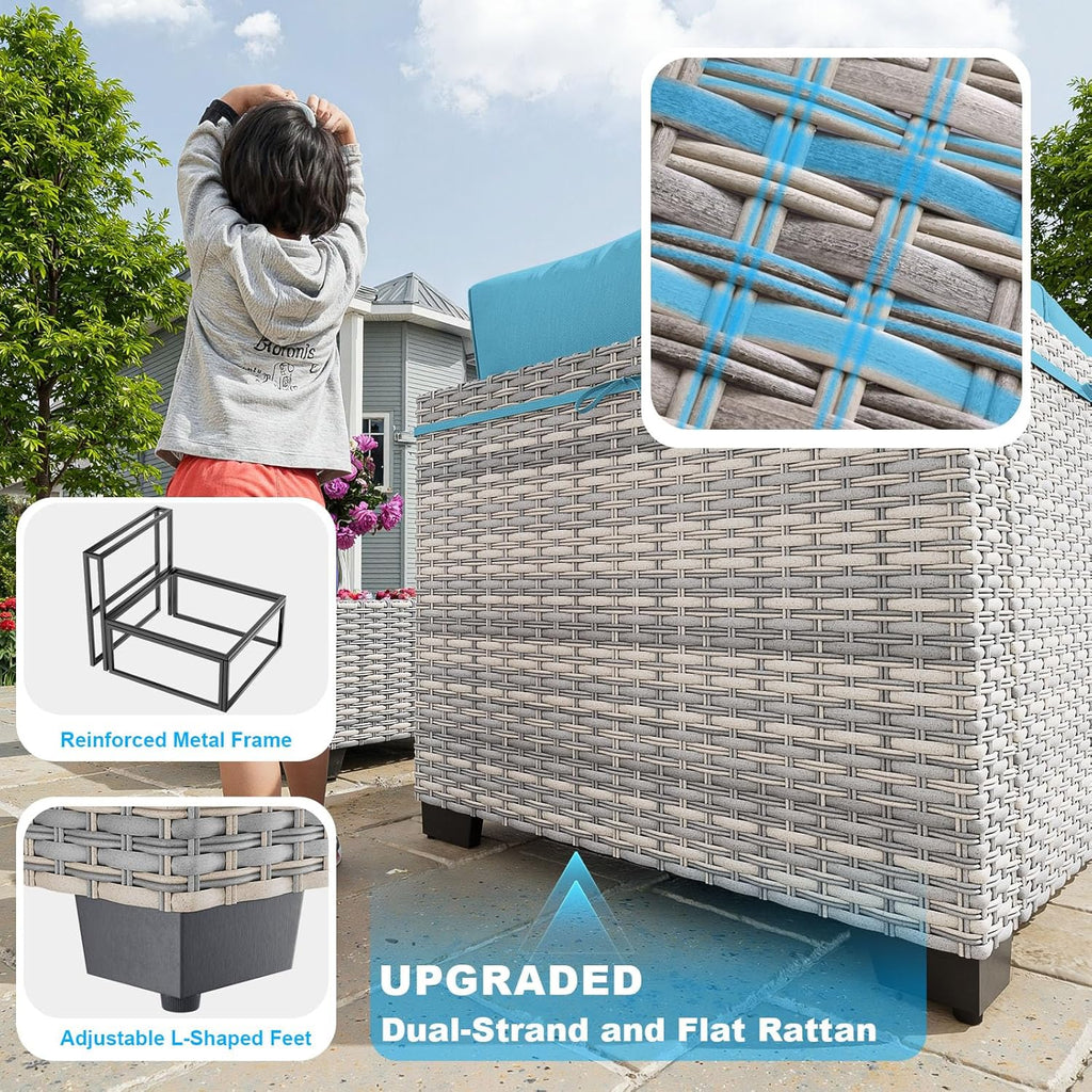 15-Piece Patio Furniture Set, Outdoor Patio Furniture with 55,000 BTU Fire Pit Table, Thick Cushions, Modular Patio Sofa, Dual-Strand Wicker Rattan, Rust-Resistant Frame, Lake Blue