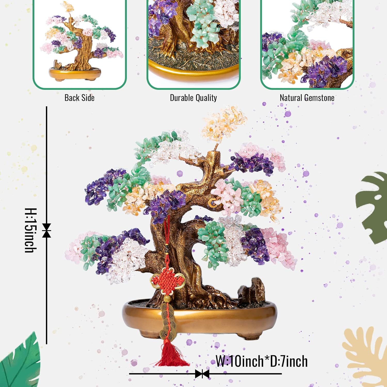 Natural Chakra Gemstone Crystal Bonsai Tree of Life Large Feng Shui Money Tree for Luck and Wealth Desk Decoration(1,251 Gem Count)