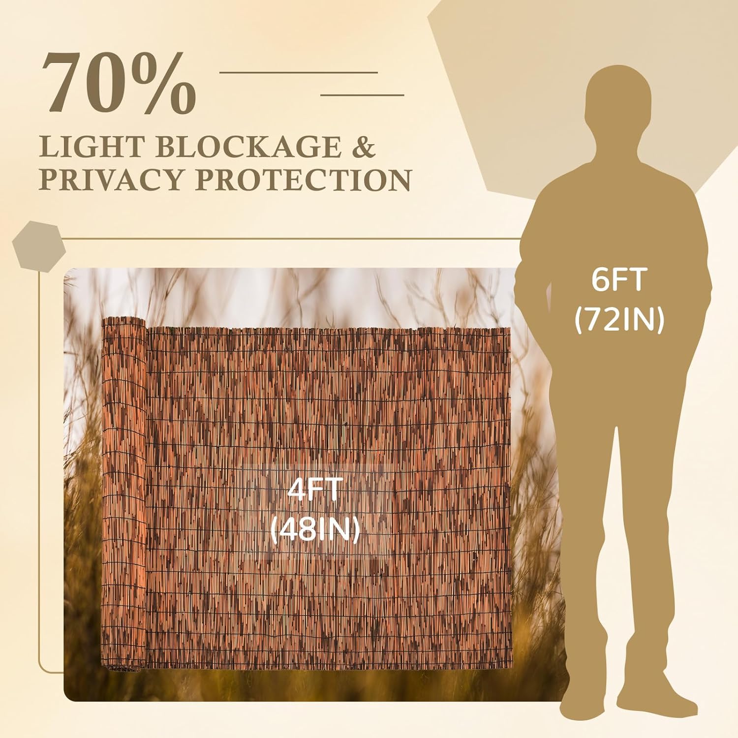 Brown 4FT X 16.4FT Reed Fencing Roll, Balcony Privacy Reed Shade Bamboo Fencing Garden Fence Border, Wind Block Sunshade Fence Screen for Outdoor Yard Patio Flower Bed Edge