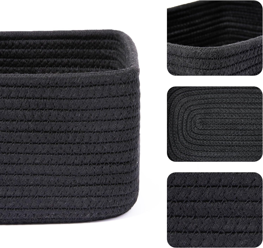 Small Storage Baskets for Organizing | Closet Organizer Bins | Shelf Toy Basket | Woven Rope Baskets | Cube Decorative Box | Shallow Basket | 11.5x7.5x4.7” | 4 Packs Black