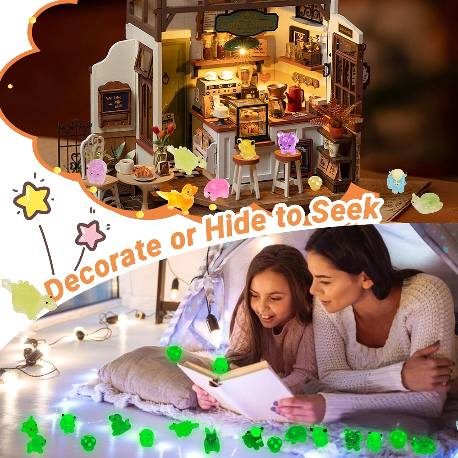 Mini Resin Animals Figures to Hide, 72 PCS Tiny Animal Figurines Small Plastic Animals Variety Pack Luminous Glow in The Dark, Little Ducks Miniature Dinosaurs for Fairy Garden Aquarium Decor