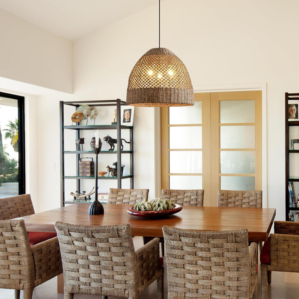 18.9" Rattan Chandelier, Coastal Large Pendant Light,Boho 3-Light Wicker Hand-Woven Seagrass Pendant Lighting Ceiling Hanging,for Kitchen Islands, Dining Rooms, and Farmhouses.