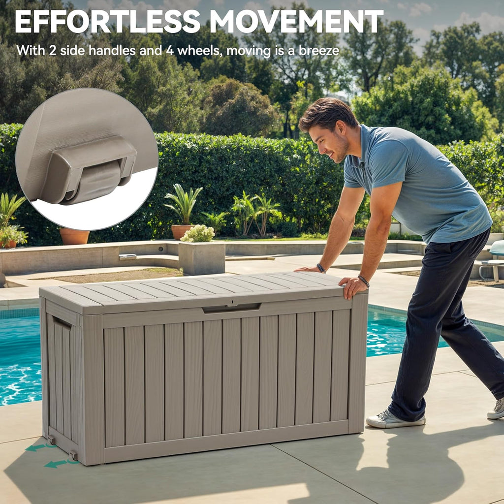 YITAHOME 72 Gallon Outdoor Resin Deck Box with Wheels, Pool Storage Box for Outdoor Cushions, Sports Equipment, Garden Tools, Light Brown