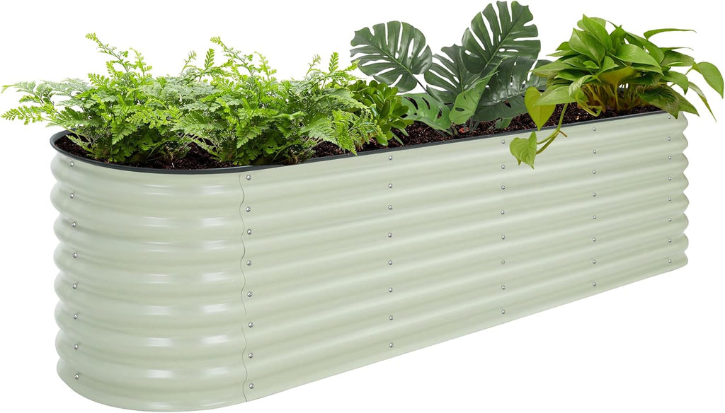 MUPATER Galvanized Raised Garden Bed 8x2x2ft, 9-in-1 Metal Raised Planter Box with 2 Aluminum Support Rods, Oval Outdoor Raised Garden Bed for Vegetable, Flower, Backyard and Patio, Cream White