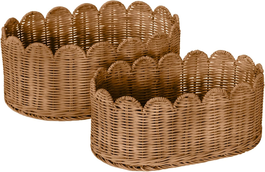 BEBE BASK Premium Scalloped Basket Set Of 2 - Scallop Basket - 16 x 10 x 7 Inch - Hand-Woven Elegant Wicker With Scalloped Edge - Nursery Storage (Mocca)