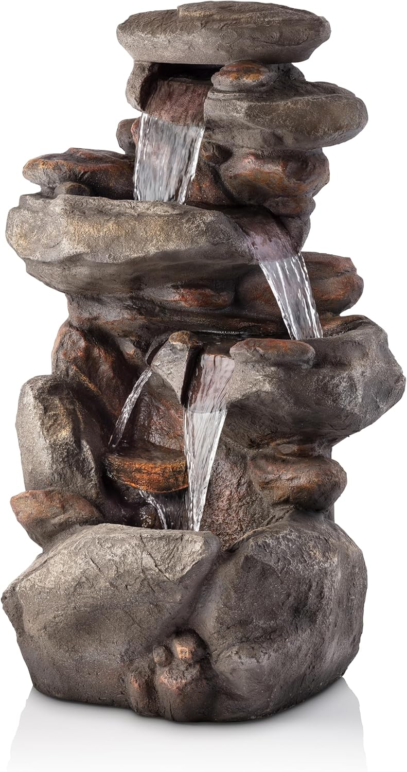 Alpine Corporation WIN316 40" Floor Fountain – 4-Tiered Rock Water Feature with Cascading Streams & White LED Lights – Tranquil Outdoor Décor for Garden, Patio, Yard, Deck, or Porch, Light Gray