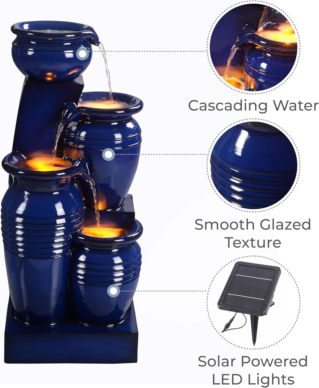 Teamson Home 28.74 in. 4-Tier Cascading Bowl Solar-Powered Water Fountain with LED Lights for Gardens, Landscaping, Patios, Balconies, Lawns, Navy Blue