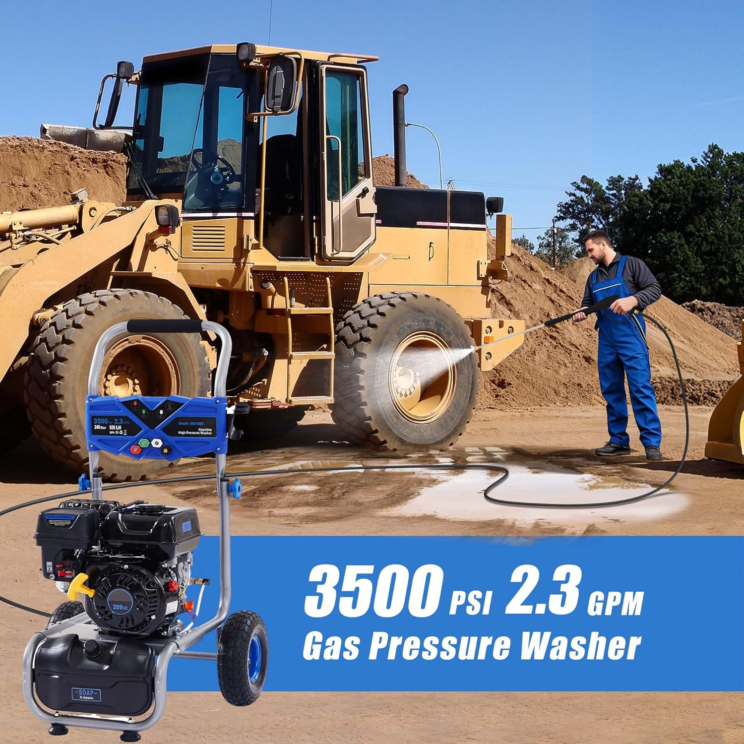 3500 PSI Gas Pressure Washer, 209CC Engine, 2.3 GPM, 4 Adjustable Nozzles, 25ft Hose for Cleaning Cars, Patios, Walls, and Gardens (Blue)
