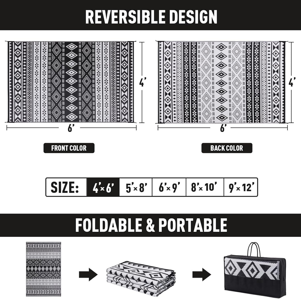 WILDROOTS 5x8 Feet Black and White Plastic Outdoor Rug, Stain Resistant Waterproof Reversible Outdoor Patio Rug, Fade Resistant Camping Rug