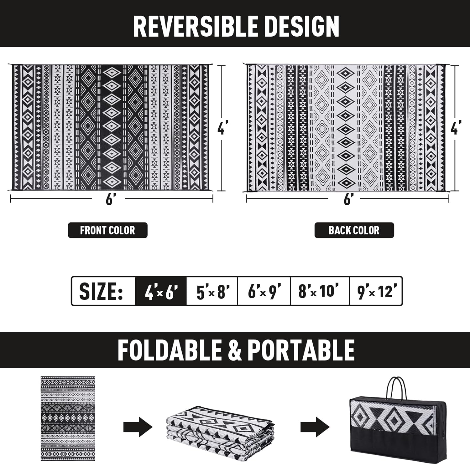 WILDROOTS 6x9 Feet Black and White Plastic Outdoor Rug, Stain Resistant Waterproof Reversible Outdoor Patio Rug, Fade Resistant Camping Rug