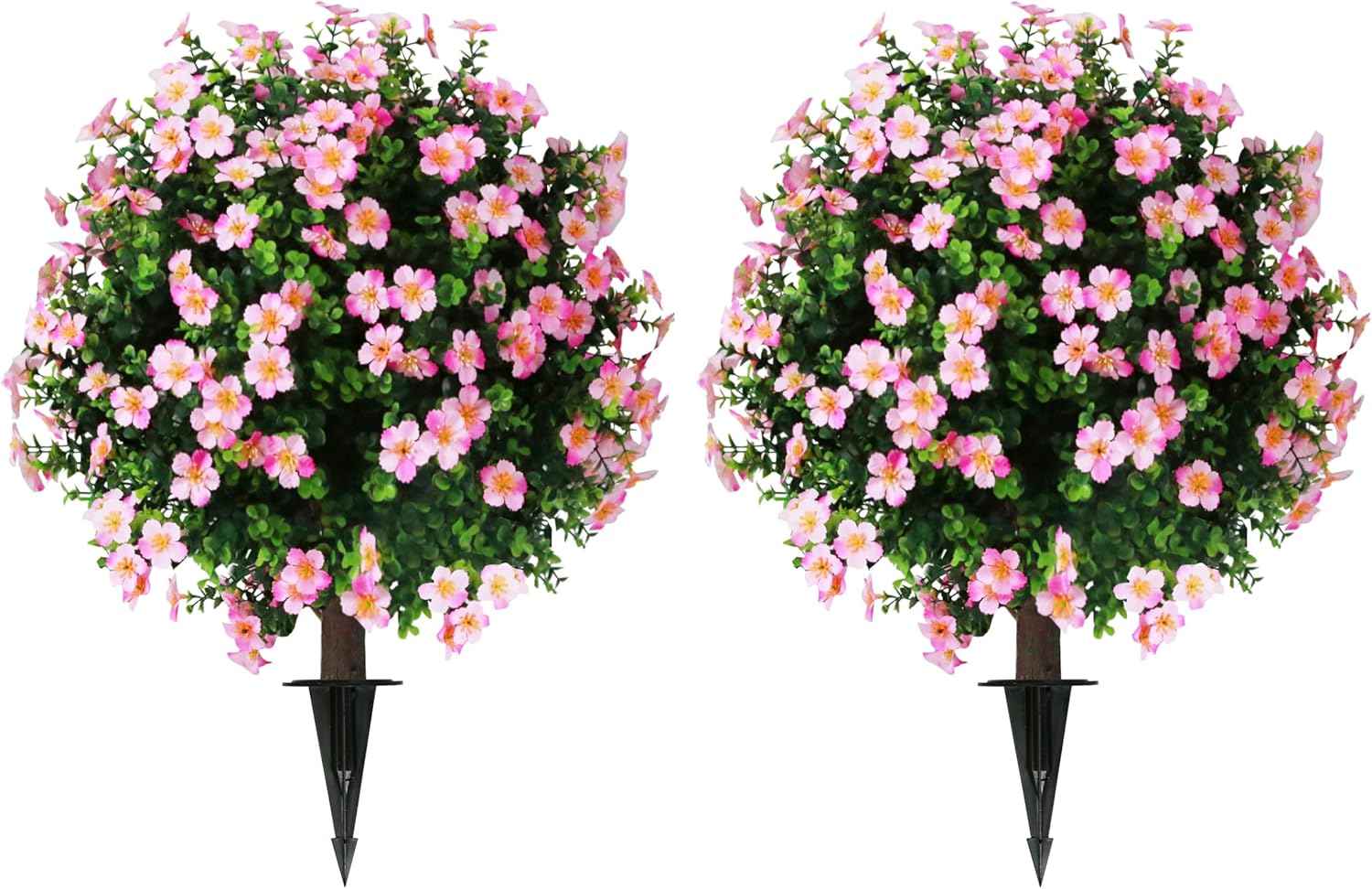 Sunnyglade Set of 2 Artificial Boxwood Topiary Ball Trees with Pink Flower, Faux Shrub Bushes with Ground Spike 25.5", UV Resistant Fake Boxwood Plants for Indoor, Garden, Porch, Patio Decor (Pink)