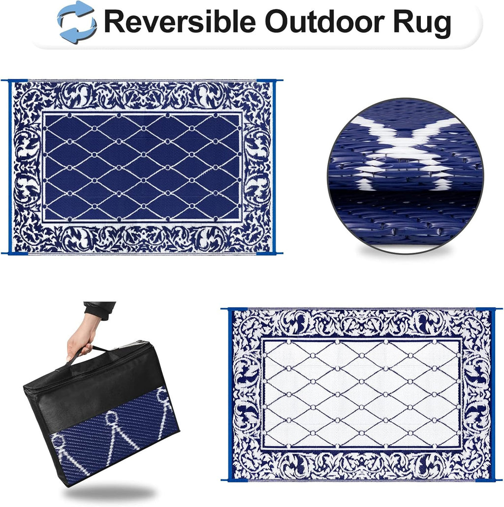OutdoorLines Indoor Outdoor Rug for Patio 6x9 ft - Reversible Outside Carpet, Stain & UV Resistant Portable RV Mat, Plastic Straw Rug for Camping, Pool Deck, Porch Rhombus Navy & White