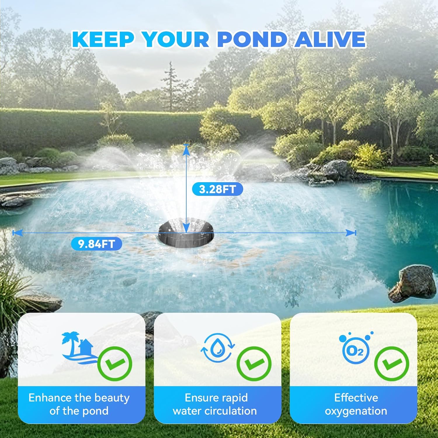Poafamx Pond Fountain Aerator, 5000GPH Floating Fountain Pump for Large Pond, 33FT Power Cord Pond Aerator with Mooring Kit and Outlet Timer 110V for Pond Pool Lake Aquascape Oxygenation