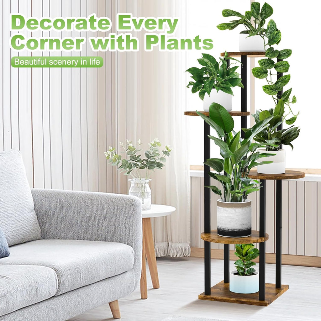 5 Tier Wood Tall Plant Stand Metal Rack Indoor, Multiple Flower Pot Holder Shelves Corner Rack, Round Planter Shelf Display Rack Storage Organizer for Patio Living Room Balcony(Black)