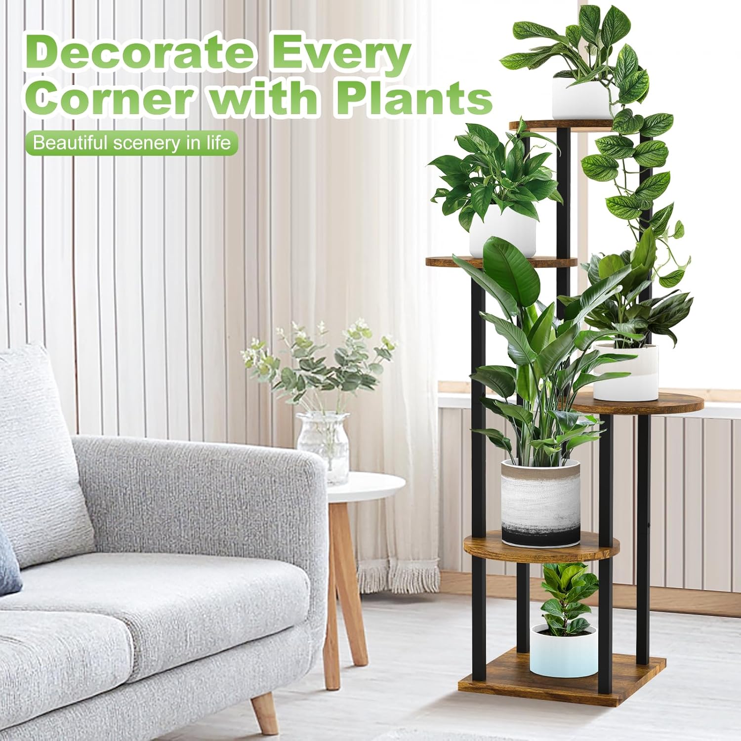 5 Tier Wood Tall Plant Stand Metal Rack Indoor, Multiple Flower Pot Holder Shelves Corner Rack, Round Planter Shelf Display Rack Storage Organizer for Patio Living Room Balcony(Black)