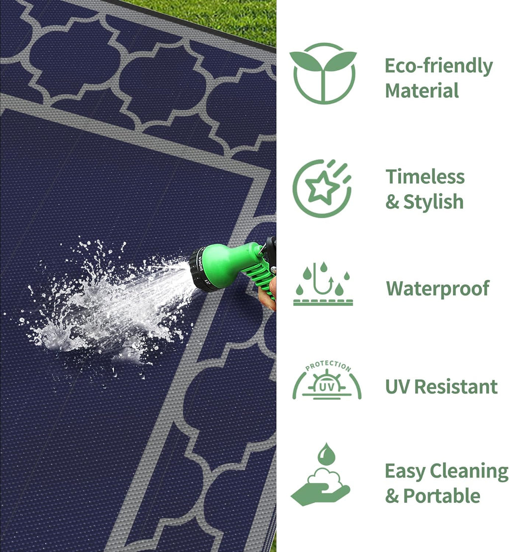 GENIMO 9 ' x 18 ' Outdoor Rug Waterproof for Patio Decor, Foldable Reversible Plastic Straw Area Rugs Mat for Camper, Outside Carpet for Rv, Deck, Porch, Picnic, Beach, Balcony, Blue & Grey