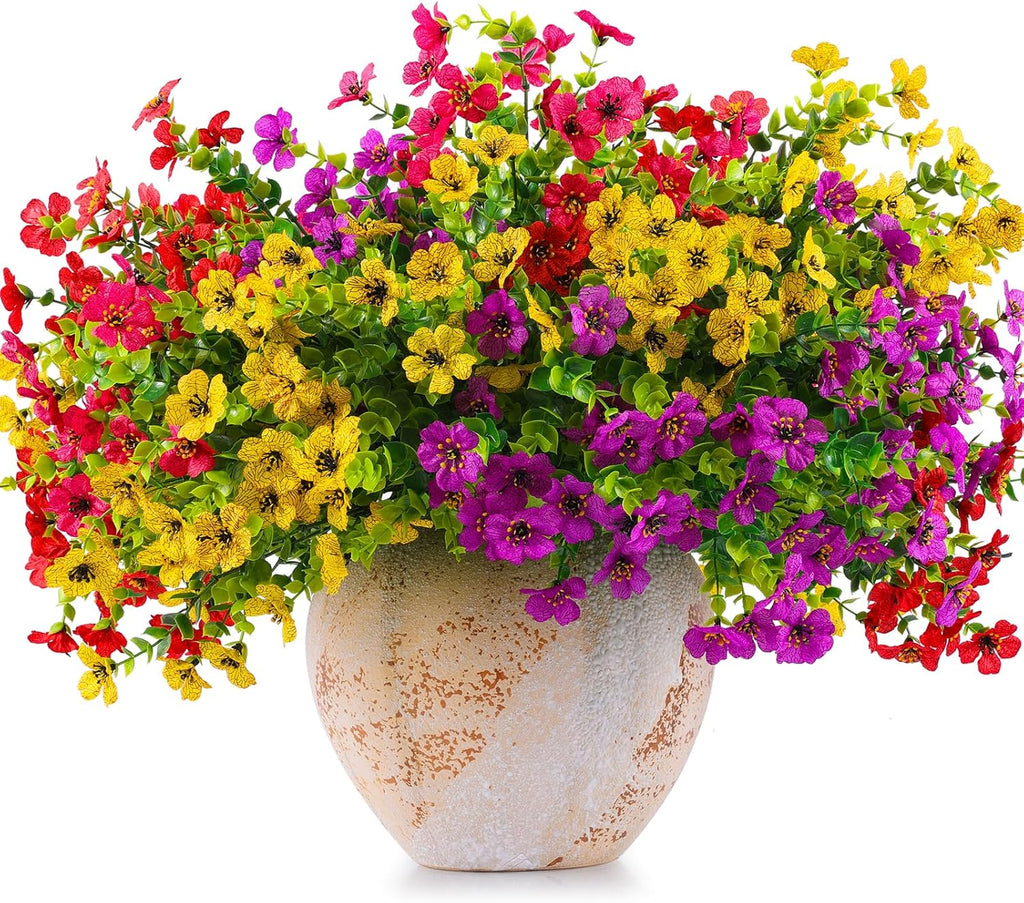 18 Pcs Artificial Flowers for Outdoors UV Resistant Fake Flower Plastic Spring Flowers Faux Silk Plants for Outside Porch Window Easter Patio Home Decor (18, Red, Purple, Yellow, Rose Red)
