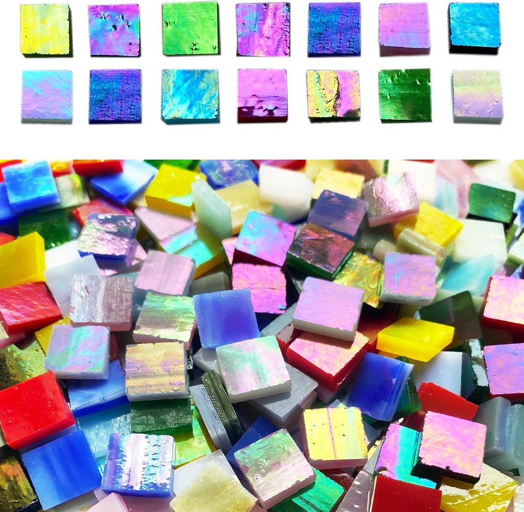 610 Pieces Iridescent Square Glass Mosaic Tiles, Colorful Stained Glass Sheets for Crafts, Stained Glass Supplies, KALUCION Rainbow Mosaic Kit for Adults