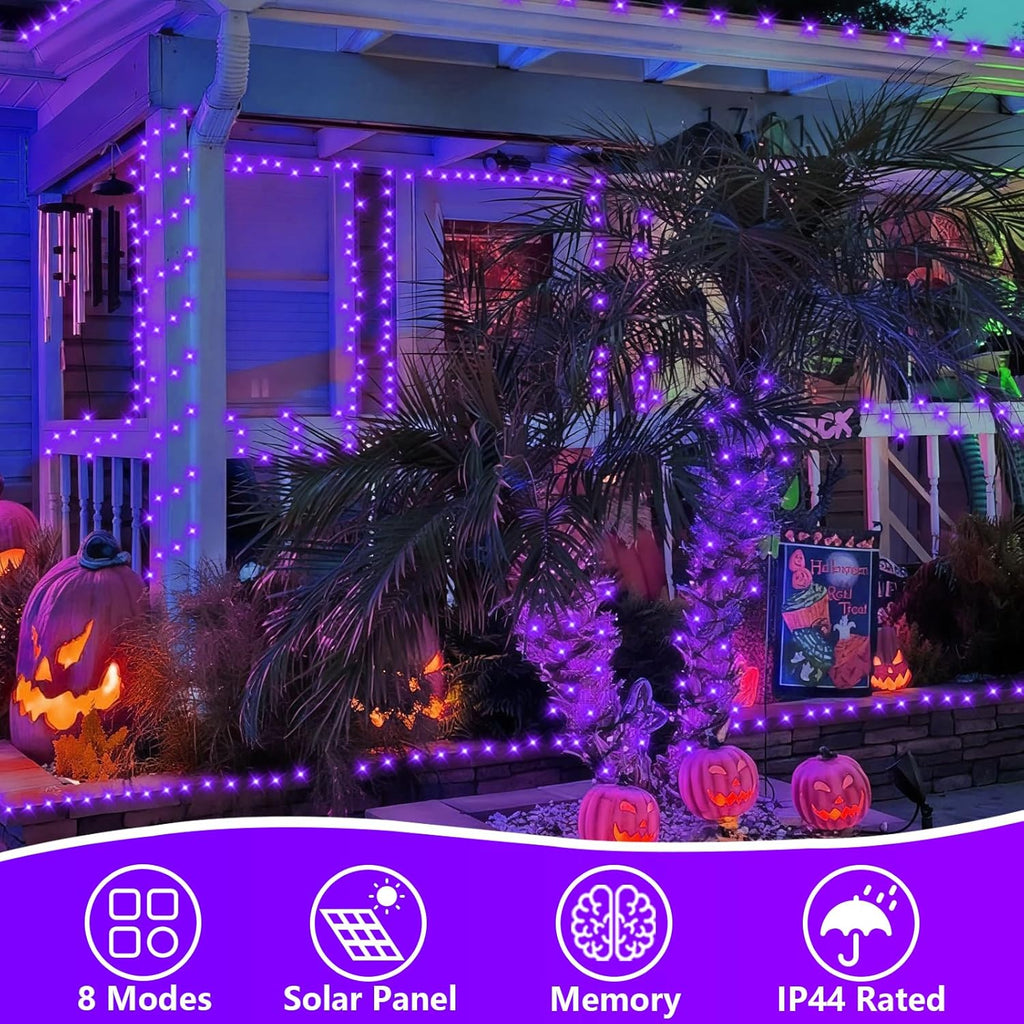 QITONG 2 Pack Purple Solar Fairy Lights Outdoor Waterproof, Each 66ft 200 LED Solar String Lights, 8 Modes Silver Wire Solar Twinkle Mini Lights