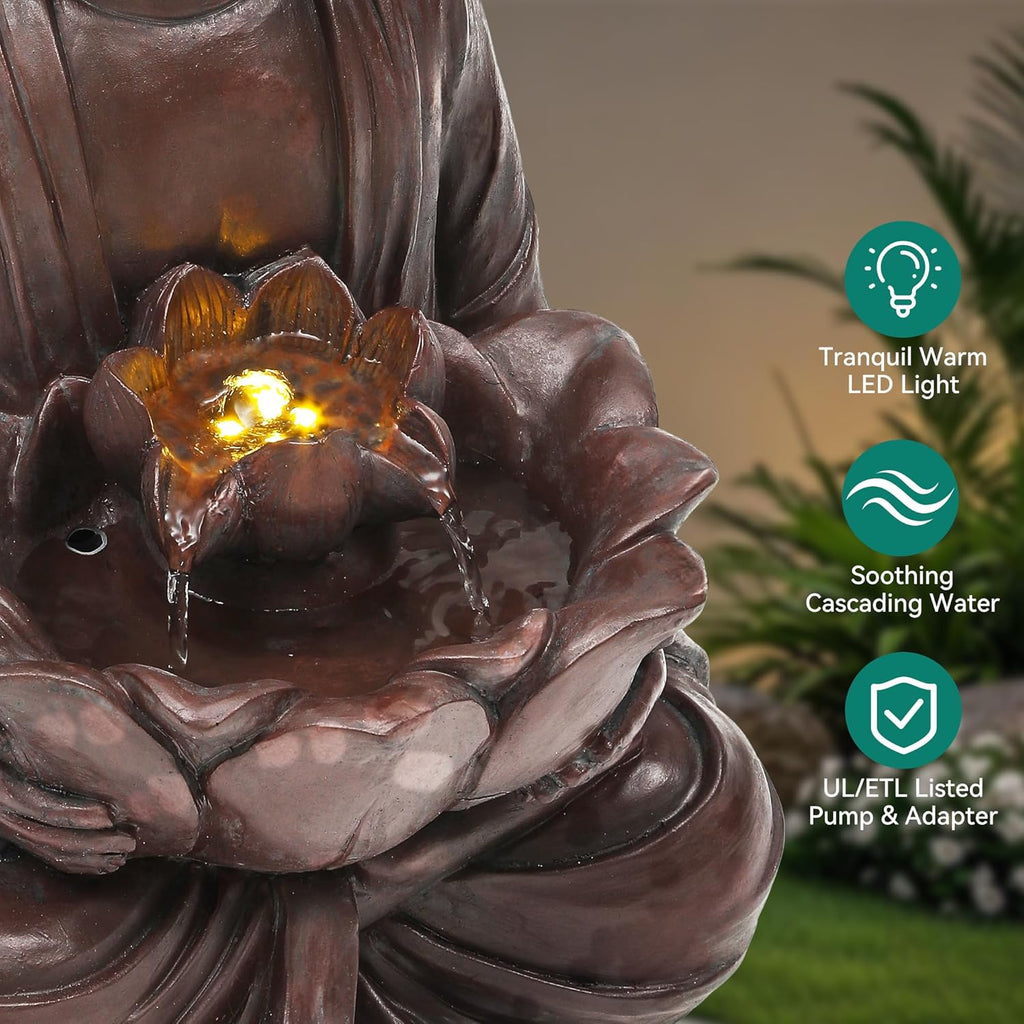 18.9" H Buddha Outdoor Water Fountain with LED Lights and Pump,Zen Style Relaxing Garden Fountain Waterfall for Patio, Porch, or Yard, Faux Bronze