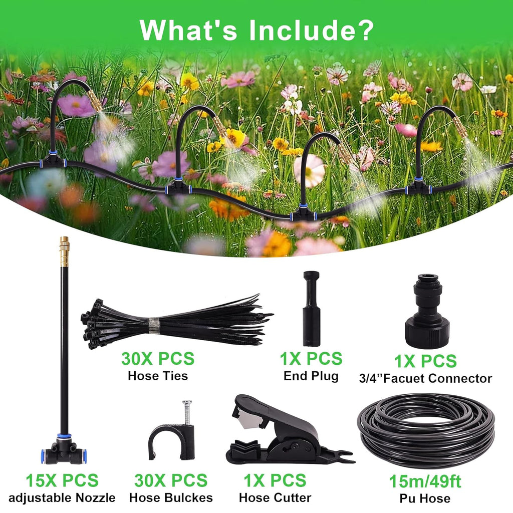 Drip Irrigation Kit, Flexible 360°Adjustable Watering System with Nozzle Control, Misting Hose for Garden, Greenhouse, Lawn, Yard & Potted Plants (49 Feets)