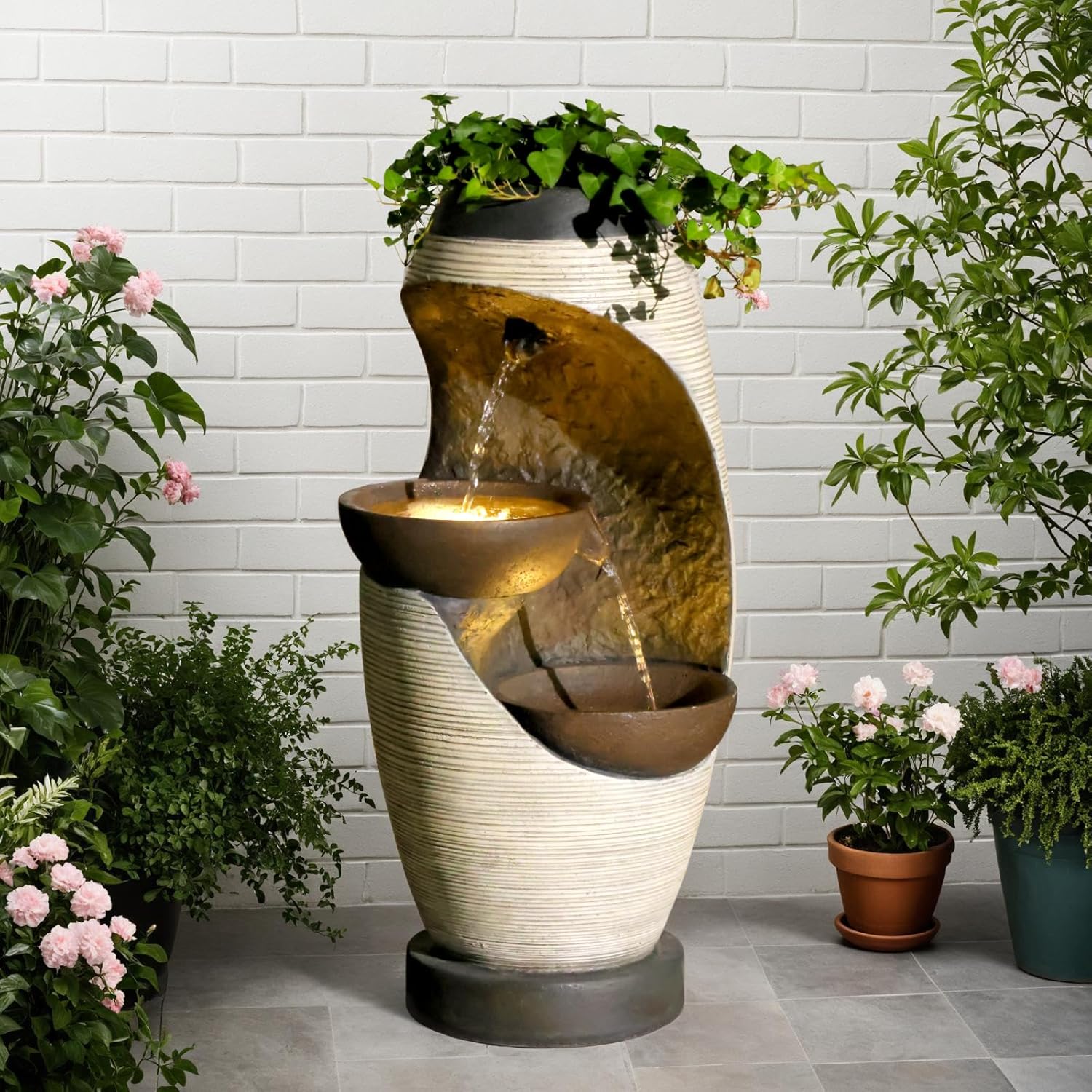 27.95''H Outdoor Garden Water Fountain, 2-Tier Bowl Shaped Floor - Standing Waterfall Fountain Indoor with LED Lights for Yard, Garden, Patio,Backyard & Home Decor