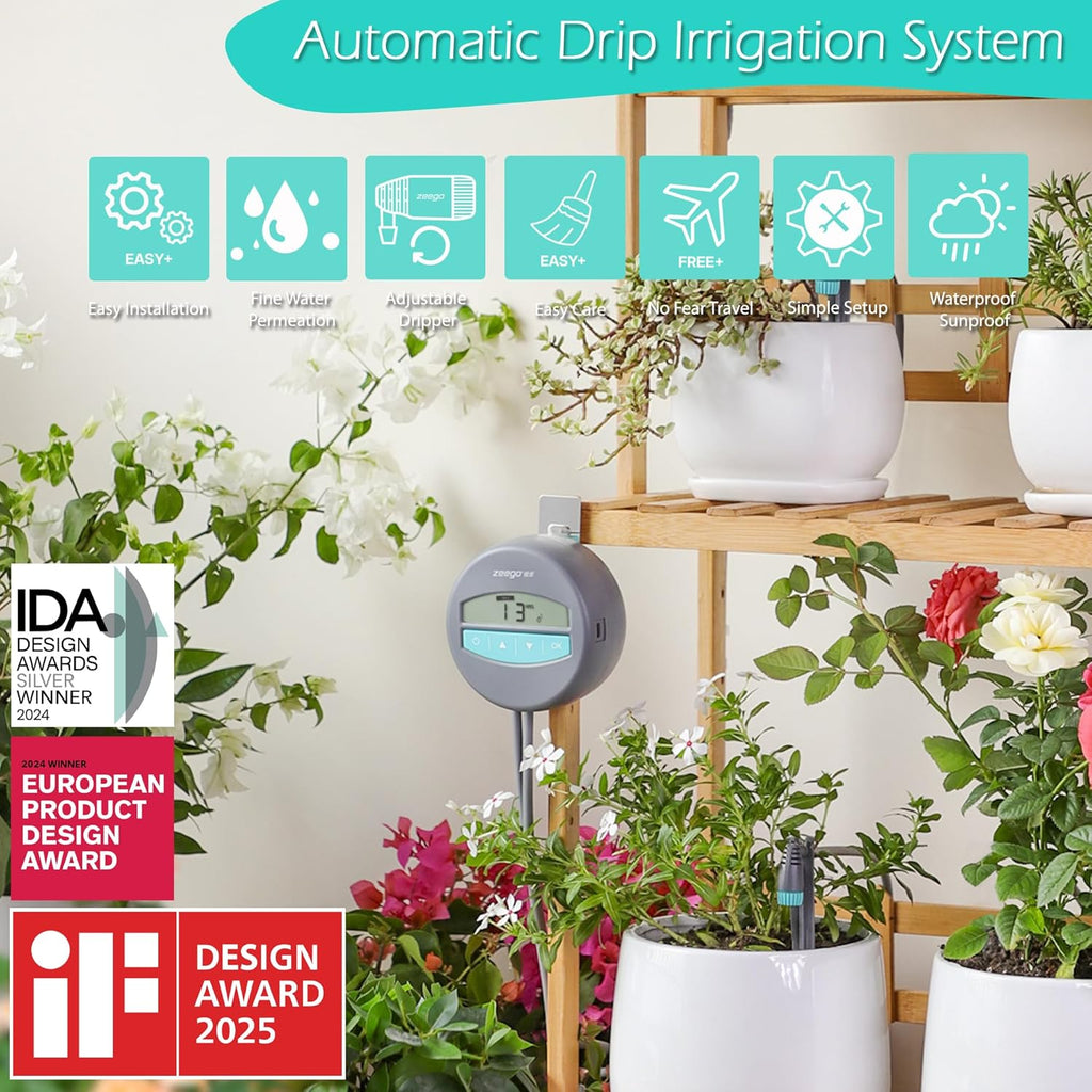 Zeego Automatic Drip Irrigation Kit with Digital Programmable Water Timer, 10 Potted Indoor Outdoor Houseplants Support (Incremental Support), Smart DIY Watering Schedules/Modes