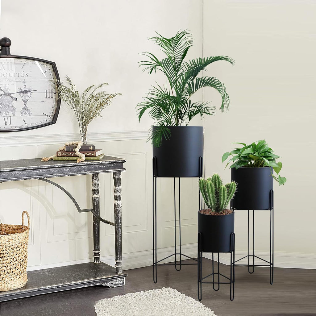 TRIROCKS Set of 3 Planters with Stand Indoor Otdoor Tall Planters for Indoor Plants 29 &18 &12" Morden Planters Flower Pots for Living Room Corner Kitchen Office Garden Balcony Patio Decor(Black)