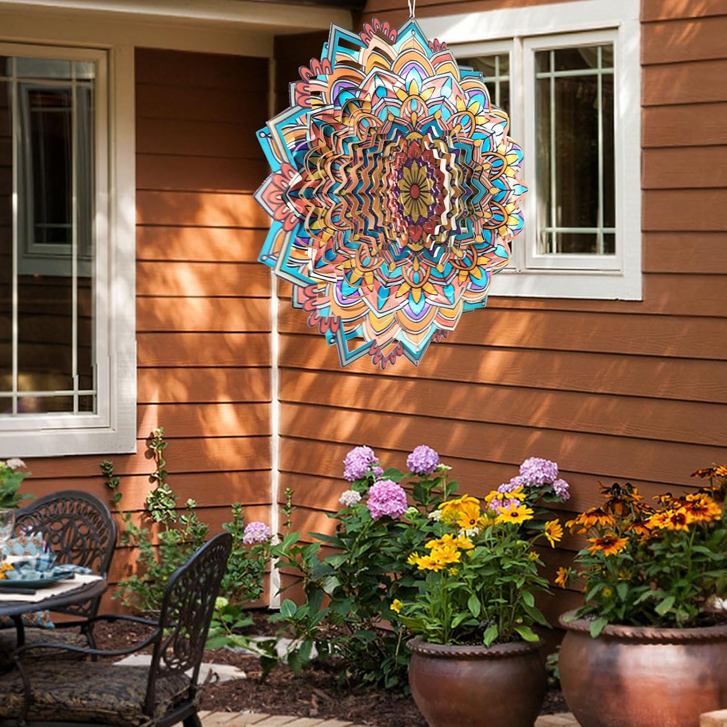 Mandala Daisy Wind Spinner - 12In 3D Kinetic Metal Wind Spinners, Stainless Steel Laser Cut Hanging Wind Sculpture, Indoor/Outdoor Garden & Yard Art Decor Gifts for Women, Men & Holidays