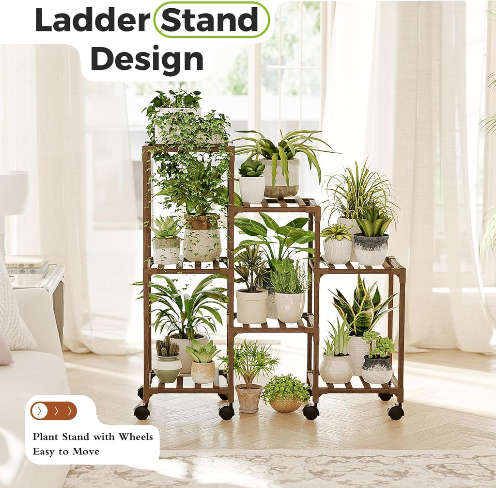 Bamworld Plant Stand with Wheels for Indoor Plants Wood Outdoor Tiered Shelf 3 Tire 7 Potted Ladder Plant Holder Table Pot Stand for Window Garden Balcony Patio Living Room (natureDL)