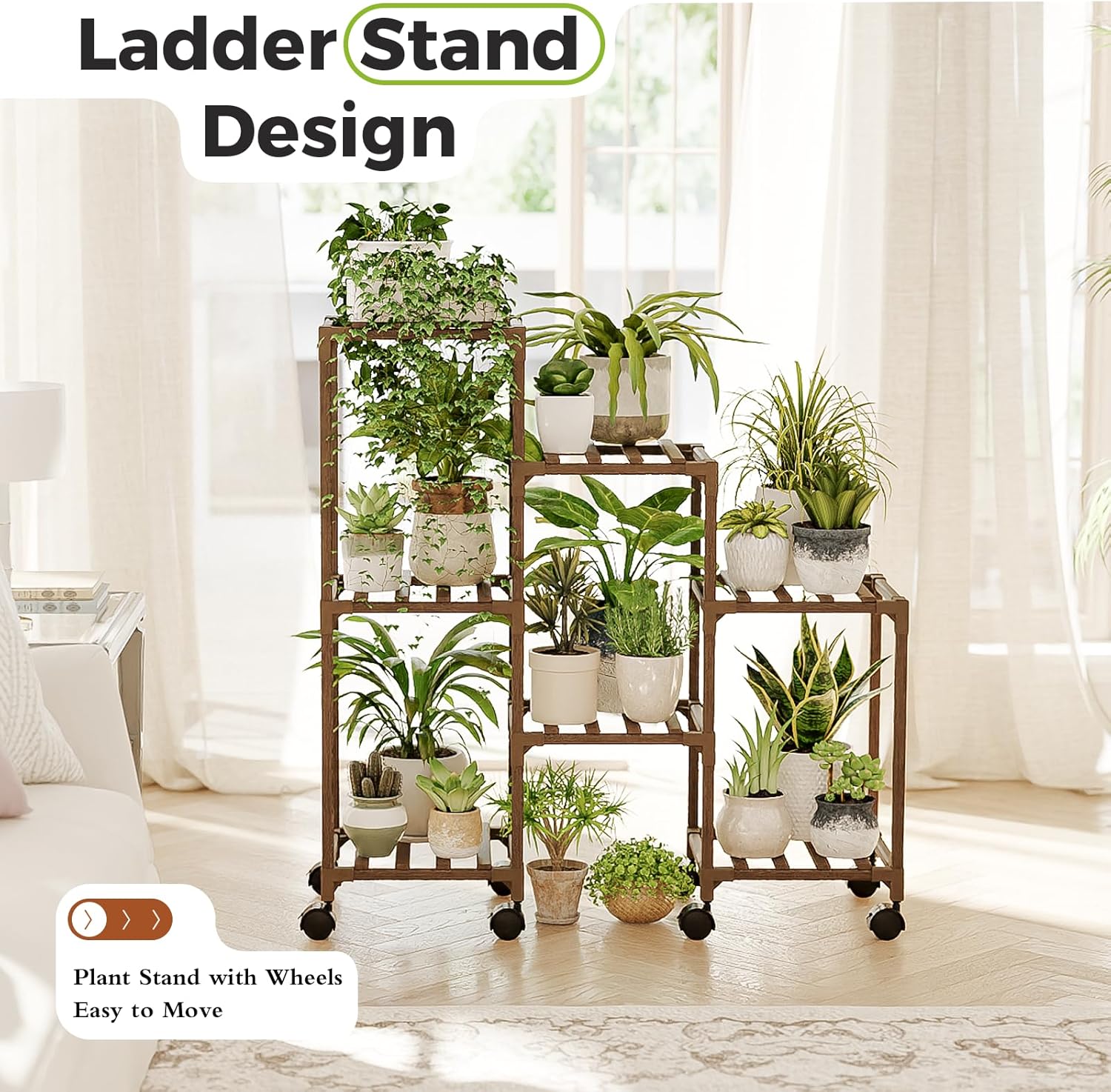 Bamworld Plant Stand with Wheels for Indoor Plants Wood Outdoor Tiered Shelf 3 Tire 7 Potted Ladder Plant Holder Table Pot Stand for Window Garden Balcony Patio Living Room (natureDL)