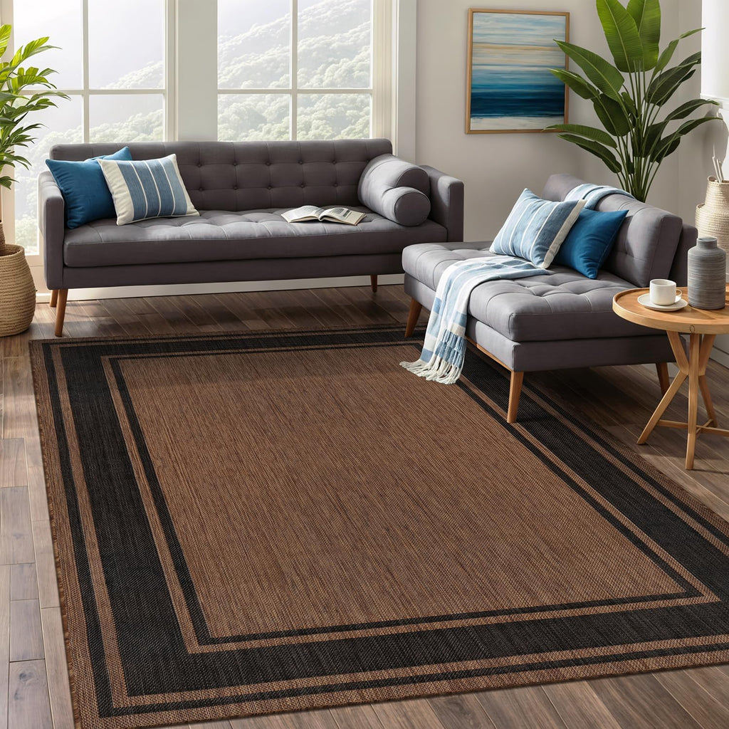 Beverly Rug Large Outdoor Rug 9x12 Modern Bordered Area Rugs for Indoor and Outdoor Patio Deck Porch Garden Waterproof Weather Sun Resistant Washable Outside Carpet (9 x 12 Gold)
