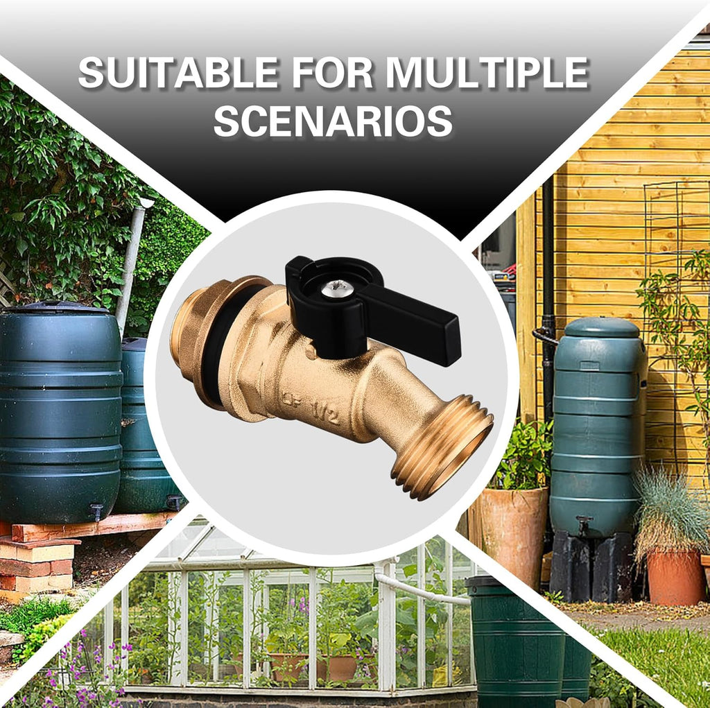Brass Water Container Rain Barrel Faucets Lead-Free Compliant Spigot Bulkhead Fitting 1/2" Inlet to 3/4"GHT Male Thread Outlet with Quarter Turn Ball Valve Include Bulkhead Fitting and Washers