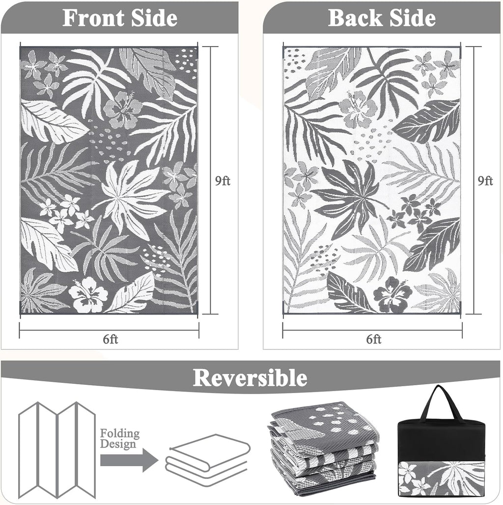 Pauwer Waterproof Outdoor Rug 6x9, Reversible Plastic Straw Patio Camping Rug, Indoor Outdoor RV Mat Carpet for Deck, Camper, Porch, Balcony, Backyard, Picnic, Floral Grey