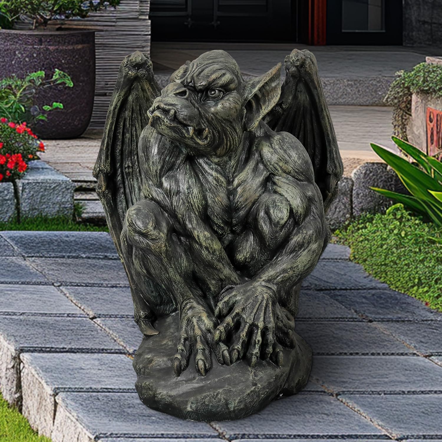 SKYFIRE Sitting Guardian Sculpture - 23.2" Large Silas The Sentry Gargoyle Gothic Statues, Concrete Indoor Outdoor Winged Gargoyle Halloween Figurines for Garden, Lawn, Backyard, Office, Home Decor