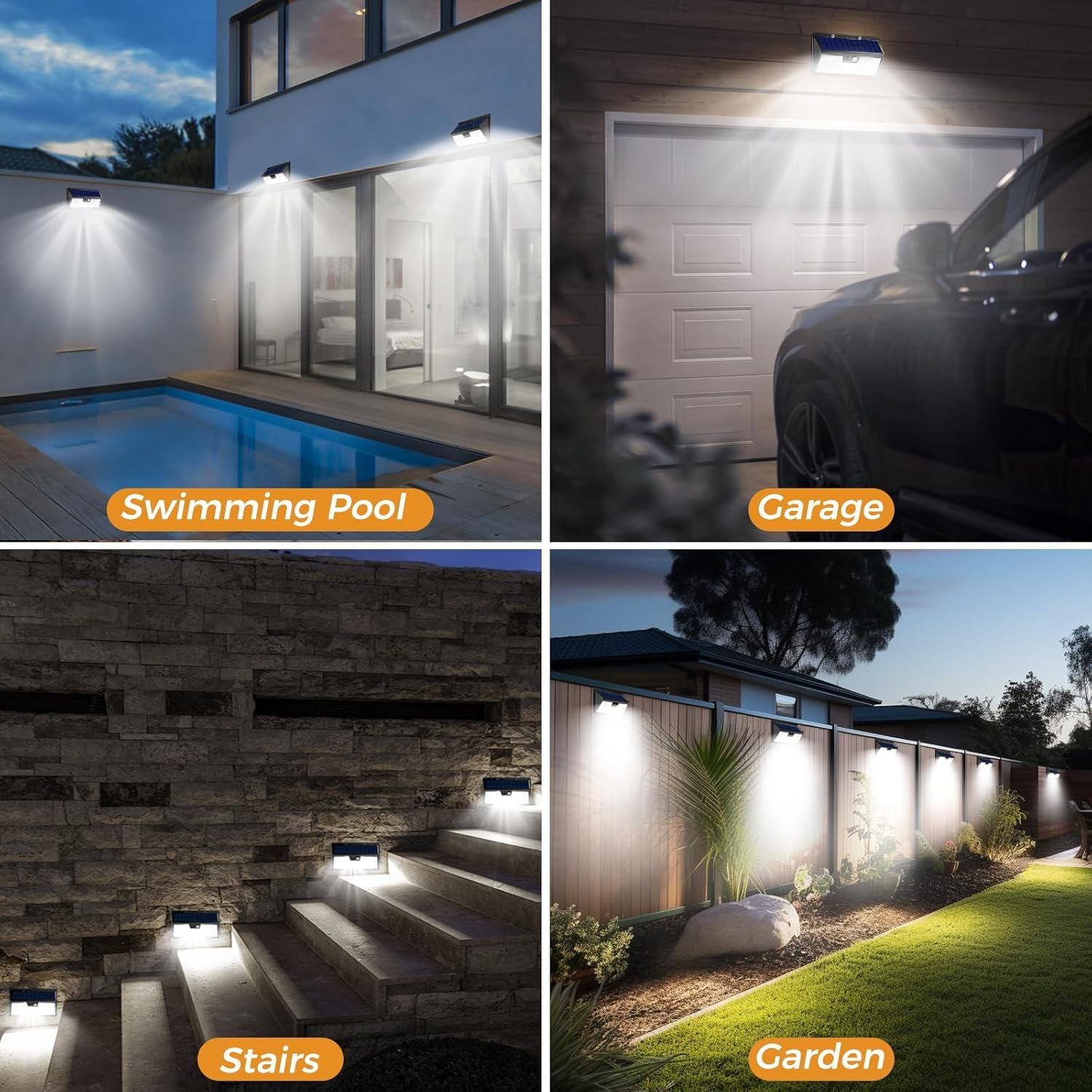 4 Pack Solar Lights Outdoor Motion Sensor, 318 LED Waterproof Fence Light with 3 Lighting Mode, Cool White LED Deck Light for Outside Wall Yard Chichen CoopGarden