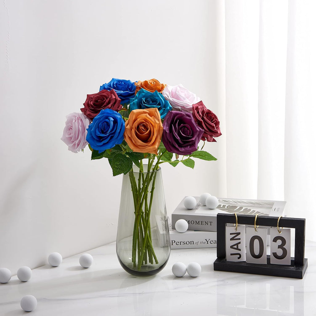 Artificial Rose 10pcs Open Flower Bouquet Faux Rose Stems for Wedding Arrangement, Bridal Bouquet, Centerpiece, Fake Faux Silk Flowers (Wine Red)