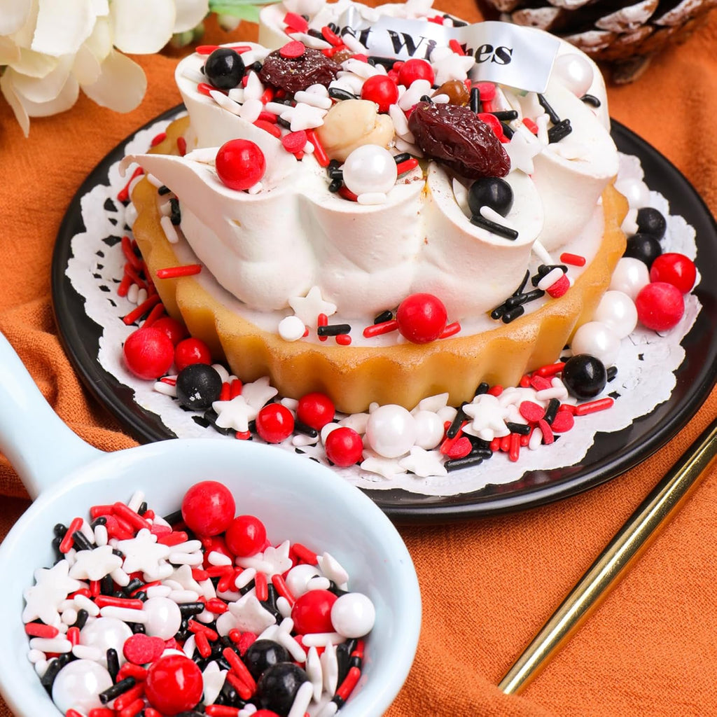 Red White and Black Sprinkles for Cake Decorating, Edible Sprinkle Mix, Perfect for Cake Decorations, Baking, Ice Cream, Cookies, Cupcake Toppers