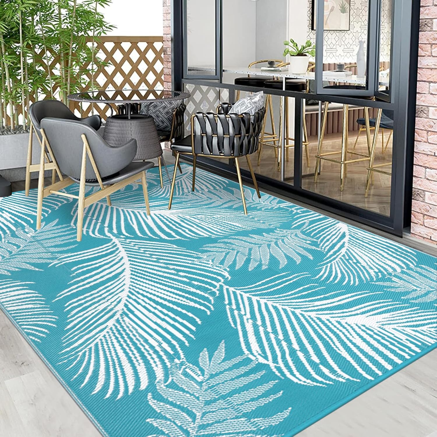 Pauwer Waterproof Outdoor Rug 9x12, Reversible Plastic Straw Patio Camping Rug, Indoor Outdoor RV Mat Carpet for Deck, Camper, Porch, Balcony, Backyard, Picnic, Leaf Teal