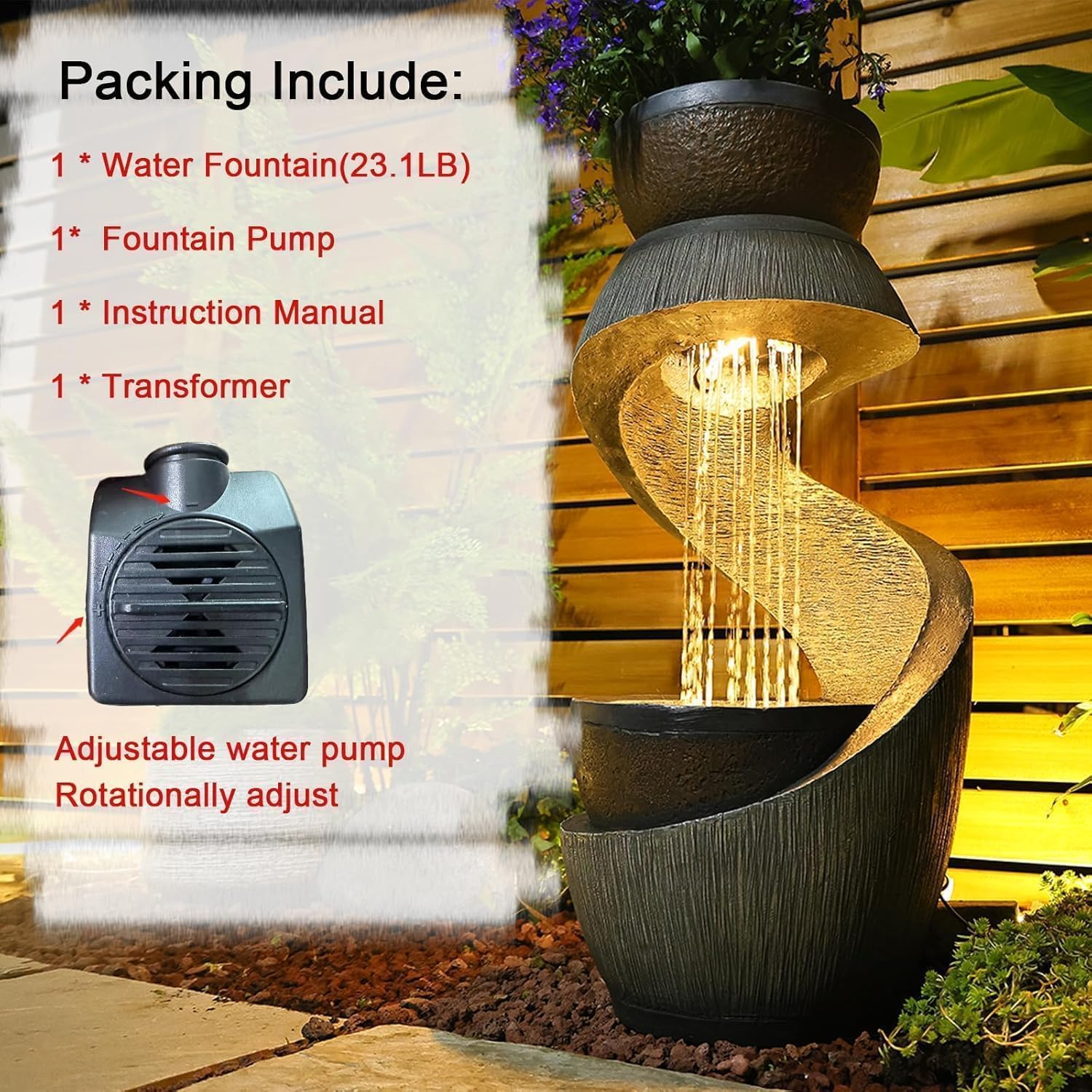 31.9" S-Shaped Water Outdoor Fountain–Modern Cascading Waterfall Feature with LED Lights & Planter Bowl, Garden Fountains Outdoor for Patio, Balcony, Yard or Home Decor, Resin Waterfall