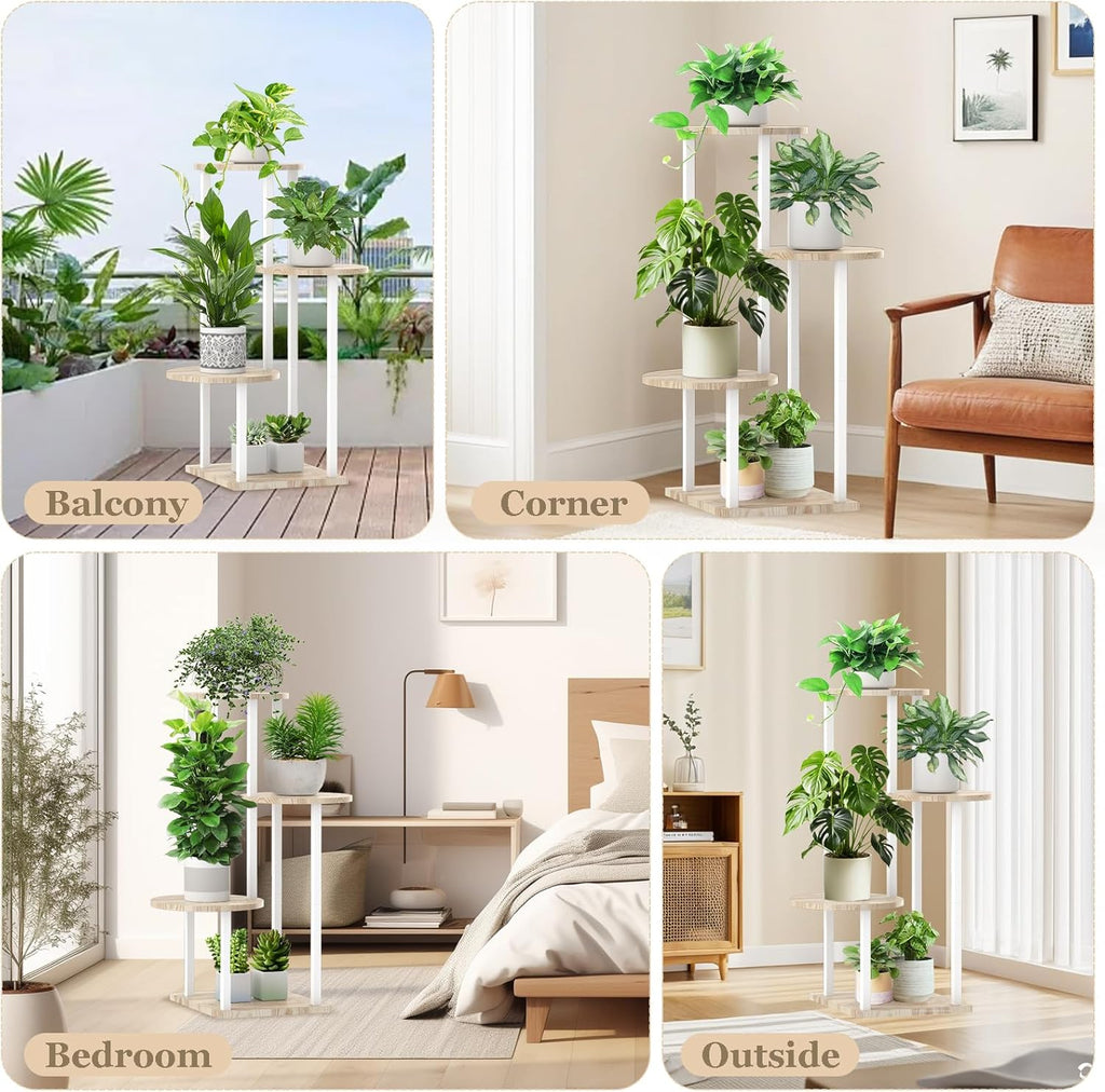 4 Tier White Metal Wooden Tall Plant Stand Indoor Shelf Flower Pot Holder for Multiple Plants, Corner Display Rack for Living Room Balcony Patio Garden