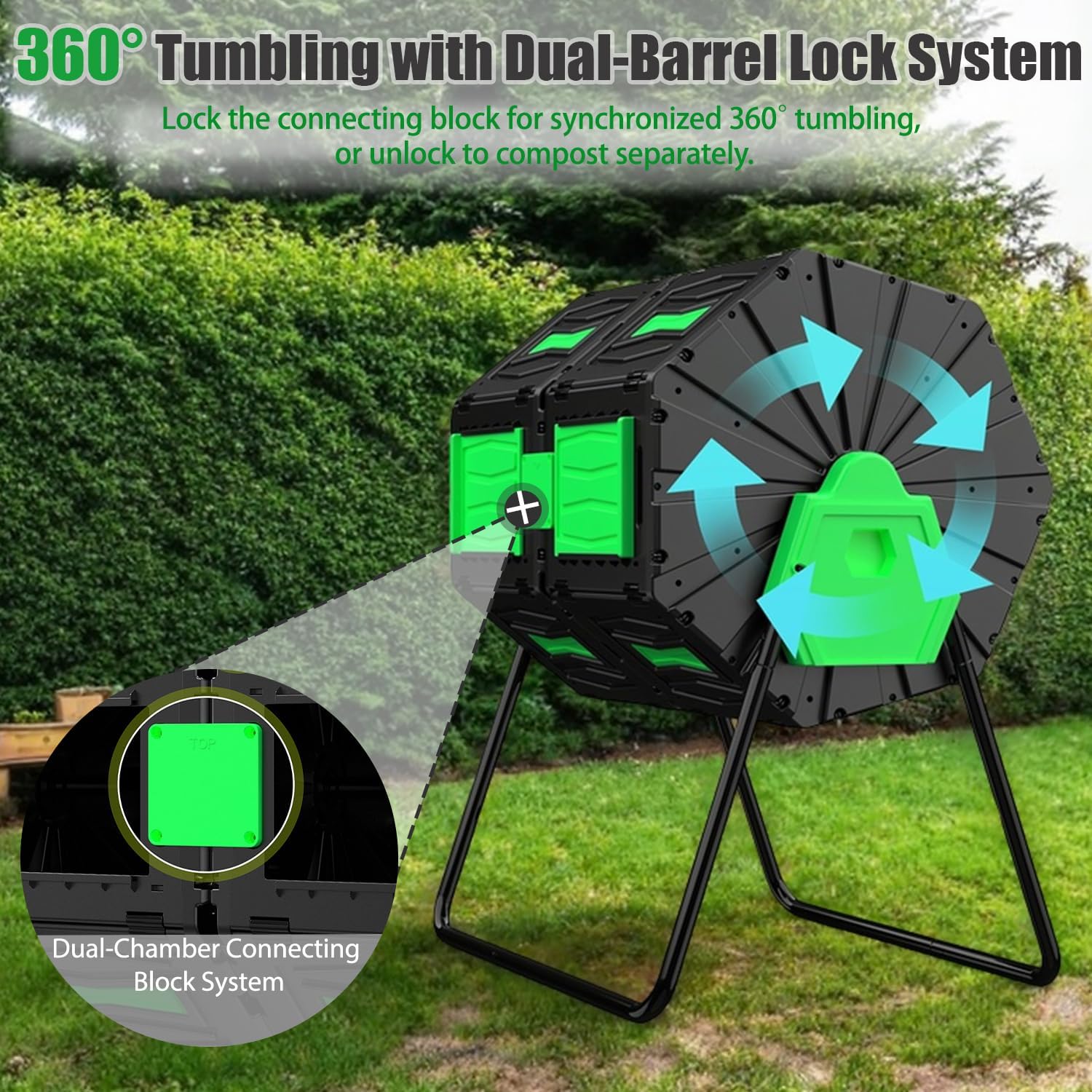 Compost Bin Outdoor, 45Gallon Dual Chamber Composter Large Composting Bin, 360° Rotating Compost Bin, BPA-Free Fast-Working Tumbling Compost Barrel, Kitchen Garden Composter Tumbler (Green)