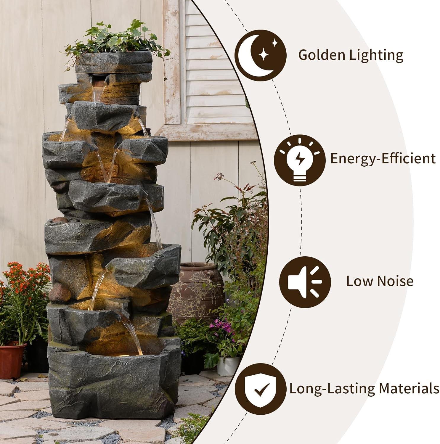 58Inch Outdoor Garden Water Fountain 6 Tiers Large Cascading Rock Natural Waterfall Outdoor Fountain with LED Lights for Patio Porch Backyard Home Art Decor