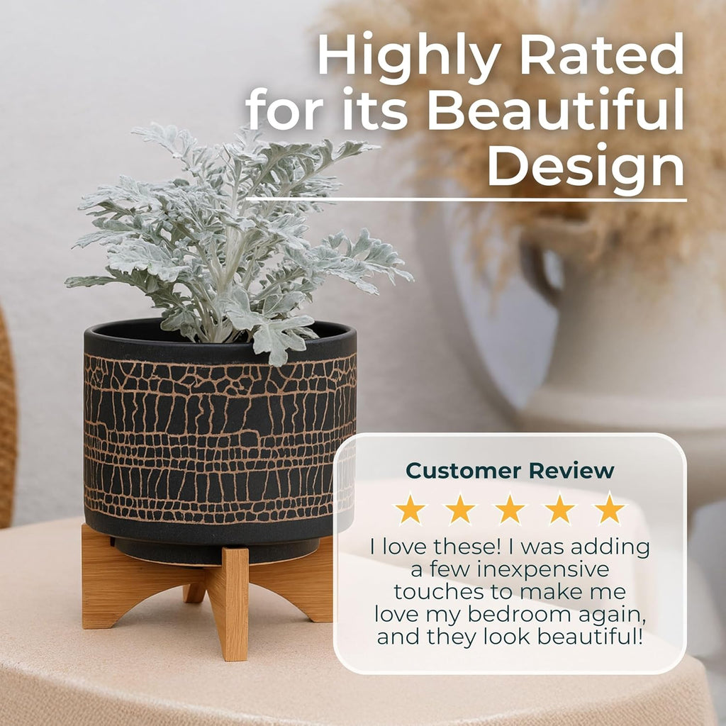 Glazed Decorative Planter Pot with Wood Stand – Ceramic Stoneware Outdoor & Indoor Plant Pot with Cracked Pattern – Modern Garden & Home Decor Planters – 9", Black
